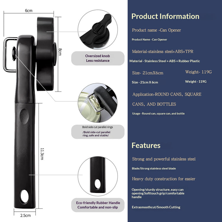 Ergonomic manual can opener smooth edge cutting wheel close up