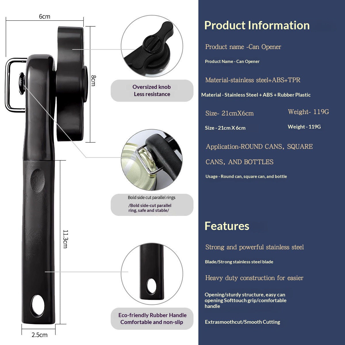  Ergonomic manual can opener smooth edge cutting wheel close up